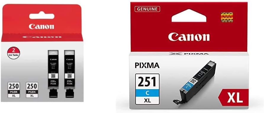 Canon PGI-250XL Black Twin Pack and Canon CLI-251XL Cyan Ink Cartridges Compatible with Various Canon Printers