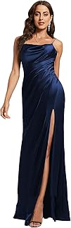 Vestido largo de satén de seda con cuentas y tirantes delgados, vestido de dama de honor, vestido largo y fruncido con cin...