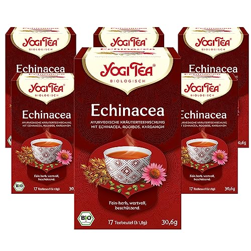Yogi Tea Echinacea, Ayurvedischer Bio Gewürzteevon Natur aus Koffeinfrei, mit Rooibos und Gewürzen des Orients, 6x17 Beutel (102 Teebeutel insgesamt)