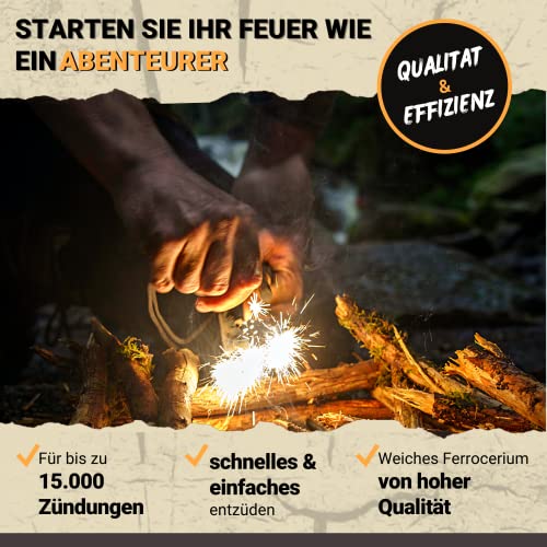 Survival Feuerstein - Feuerstahl XL 10mm - Über 15 000 Anwendungen - Hochwertiges Ferrocerium - Feuerstarter mit Feueranzünder Set für Outdoor, Bushcraft