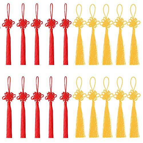 20pack Handmade Chinese Knots Fortune Tassels with Satin Silk for Year's Gifts, Home Decor Lucky Oriental Pendant(10pcs Red +10pcs Yellow)
