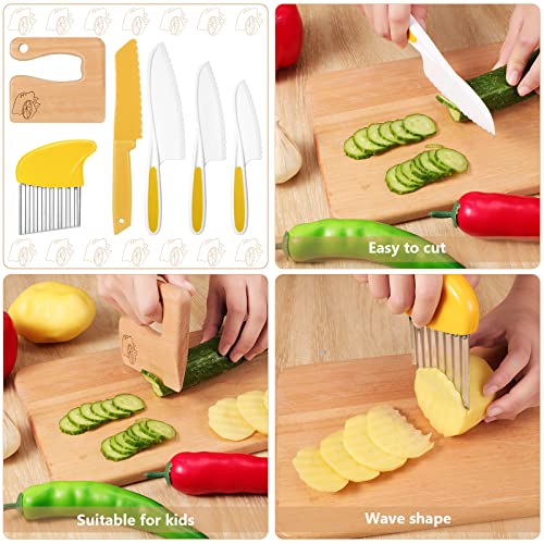 7 Pieces Wooden Kids Kitchen Knife Include Wood Kids Knife Plastic Potato Slicers Cooking Knives Serrated Edges Toddler Knife Kids Plastic Knife Resistant Gloves For Kitchen Children (Lemon Style) #TOP3