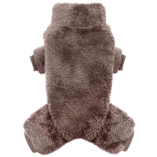 Idepet Velvet Dog Pajamas, Turtleneck Dog Sweater Fuzzy Plush Onesie Soft Cat Apparel Pet Clothes Winter Outfit Doggy Pjs Puppy Jumpsuit for Small Dogs Cats (Brown,S)