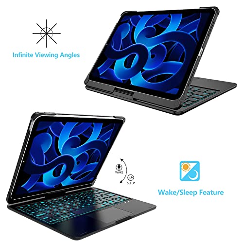 Kvago Ipad Air 5Th Generation 2022 Case With Keyboard- Smart Trackpad- 7 Color Backlight- 360° Rotatable- Touchpad Ipad Air 4Th Generation Case With Keyboard 2020 10.9 Inch With Pencil Holder, Black #TOP5