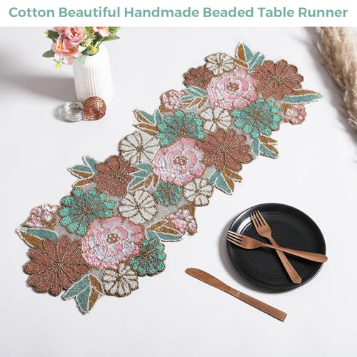 Image of Cotton Beautiful Beaded Table Runner, 13 x 36 Inches, Pack of 1 | Handcrafted Craftsmanship for Thanksgiving & Occasional Decoration
