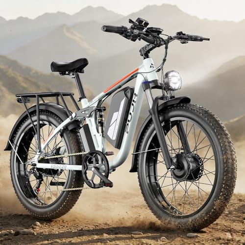 PUJH 6000W Dual Motor Ebike for Adults 60V Fast Electric Bike for Men Women,Up to 100 Miles,24" Fat Tire Suspension Electric Bike for Snow Off-Road Commuter Mountain E-Bike PU364 (White)