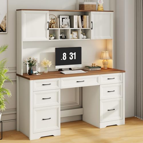 Image of Vabches Farmhouse Executive Desk with 7 Drawers and Storage Cabinet, Rustic Large Home Writing Desk with Hutch, Workstation for Bedroom, White