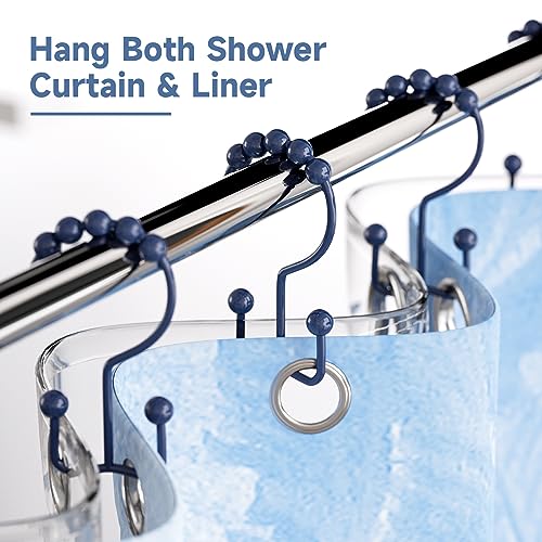 Image of Titanker Shower Curtain Hooks Rings, Rust-Resistant Metal Double Glide Shower Hooks for Bathroom Shower Rods Curtains, Set of 12 Hooks - Navy Blue