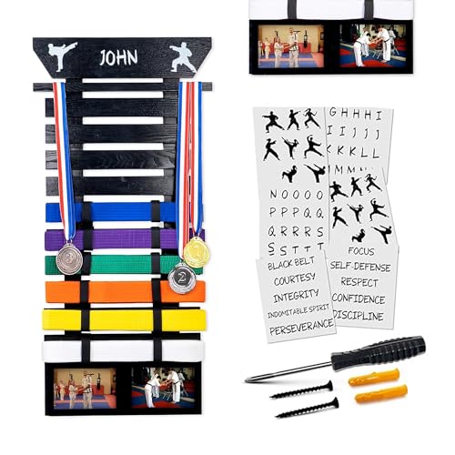 Optimus Depot Karate Belt Display Rack - Taekwondo Belt Display with Customization Stickers 2 Picture Frames Self-Adhesive Adjustable Strips & Hanging Kit Taekwondo Gifts - Black 10