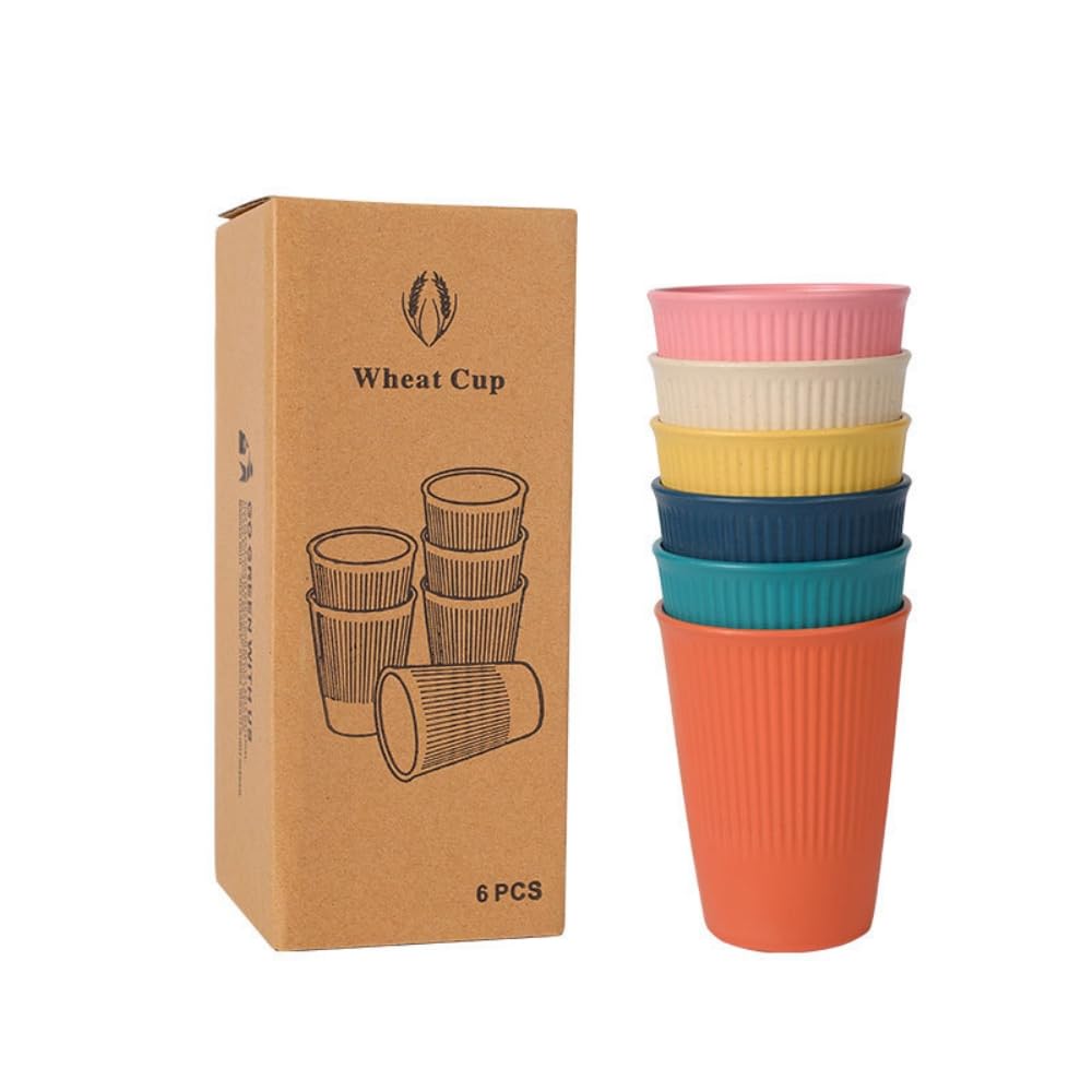 Eco-Friendly Wheat Straw Plastic Tumblers Set of 6 - Reusable Water Cups, Stackable Mouthwash/Toothbrush Holder Drinking Glasses