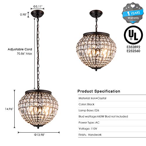 YIFI Vintage K9 Crystals Chandelier Classic Pendant Light Fixture for Living Room Entry Dining Room Staircase, Globe - Image 3