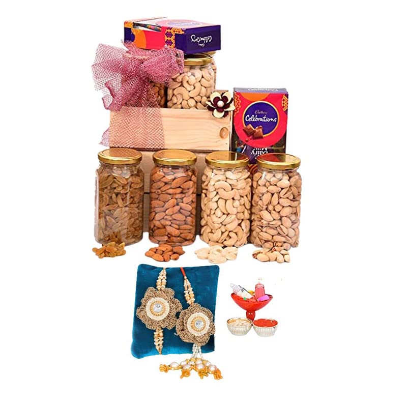 Image of NUTRI MIRACLE Rakhi Dry Fruit & Nut Gifts With Golden Floral Bhai Bhabhi Pair,Cashews,Almonds,Raisins,Pistachios And Celebrations Pack,450gm