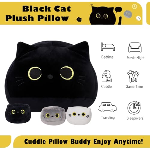 Image of WeBingo Black Cat Plush Toy 4-Piece Set, 16'' Giant Cat Stuffed Animal Plushies Pillow with 3 Babies for Girl Boy Kid Adult, Large Big Soft Gift for Birthday Christmas Valentine's Day Home Decor