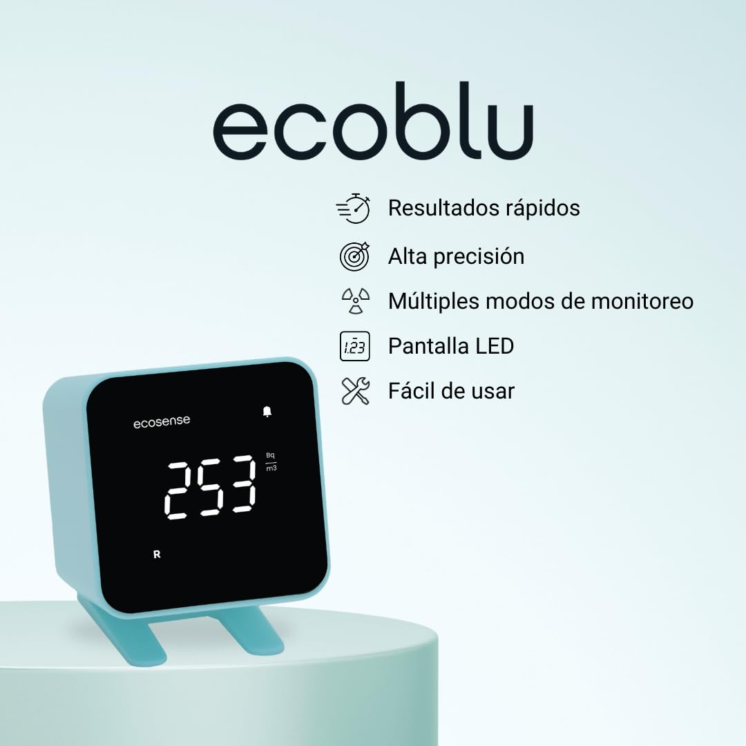 Ecosense EB100 EcoBlu, Detector de radón doméstico, captura y visualización de resultados cada 10 minutos, monitoreo continuo a corto y largo plazo, fácil de usar