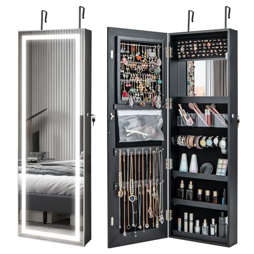 COSTWAY 3-Color LED Lights Jewellery Cabinet, Door Hanging/Wall Mounted Jewelry Armoire with Full Length Mirror and Large Storage, Bedroom Lockable Cosmetics Jewellery Organiser Unit Gift (Black)