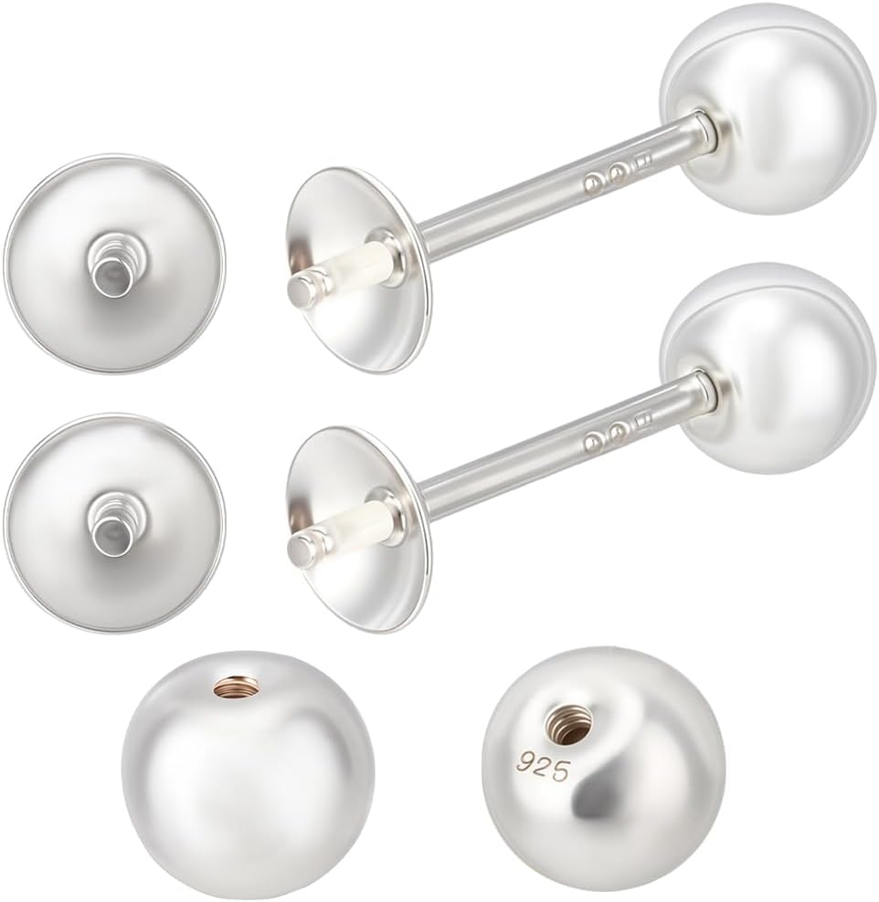 Beebeecraft 2Pcs Pearl Cup Earring Post 14K Gold Filled 925 Sterling Silver Stud Earring Findings for Half Drilled Beads with Screw Round Backs