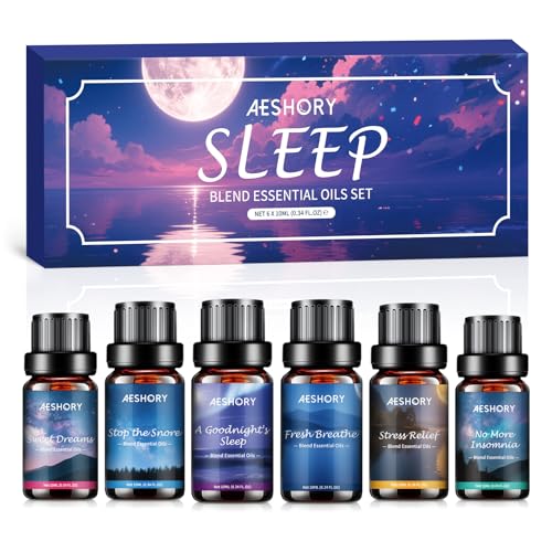 AESHORY Aceites Esenciales para Dormir 6 x 10ML，Juego de Difusor Aceites Esenciales Aromaterapia para Humidificador，Aceite Esencial de Lavanda, Benzoino, Citronela, Eucalipto, Menta, Agarwood