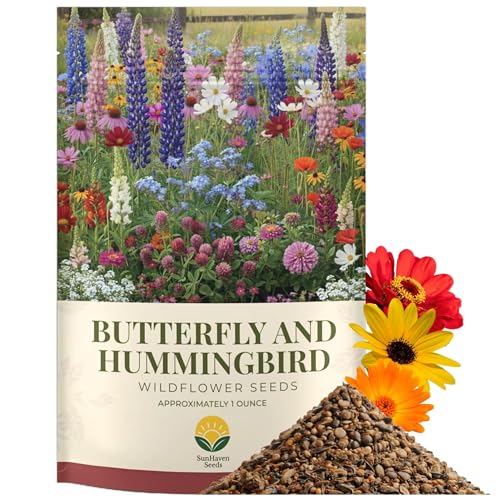 SunHaven Seeds Butterfly and Hummingbird Wildflower Mix – 30,000+ Seeds – 1 oz Bulk Extra Large Resealable Packet – Non-GMO Open Pollinated Wildflower Seeds