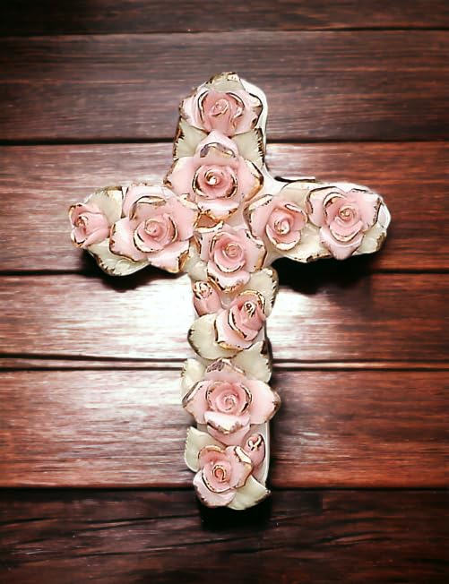 Amazon.com: Fine Porcelain Pink Roses with Gold Accents Cross