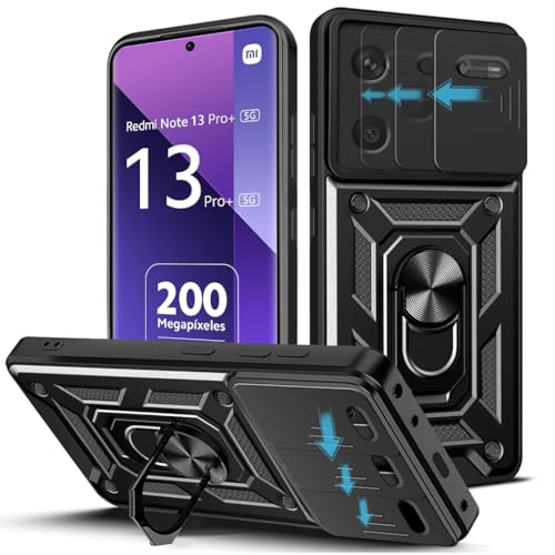 Loyhee Funda para Xiaomi Redmi Note 13 Pro Plus 5G (6.67"), Protección de la Cámara Carcasa con Cubierta de Cámara Deslizante y Soporte de Anill PC Dura y TPU Silicone Anti-Choque Case – Negro