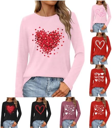 Valentines Shirts for Women Cute Funny Love Heart Print Casual Tee Tops Long Sleeve Blouses Valentine Outfits Pullovers
