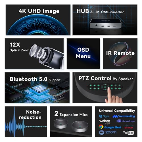 Tenveo 4K PTZ Conference Room Camera System, AI Auto-Tracking 12X Optical Zoom USB3.0 HDMI PTZ Camera and Bluetooth Speakerphone with 2 Expansion Mics Kit Wide Angle for Large Room Meetings by Tenveo - Image 2