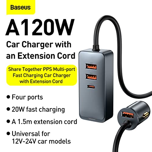 Image of Baseus Share Together 120W Multi-Port Car Charger 3 USB + Type-C PPS Fast Charging Car Charger Quick Charge Power Delivery with Extension Cable with Clip-on for Backseat Passengers