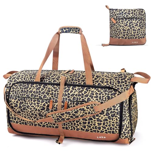 Image of Lekesky Foldable Travel Duffel Bag for Women, 80L Large Duffle Bag with Separate Shoes Compartments & Straps, Carry On Weekend Bag for Women, Hospital, Overnight(Leapord)