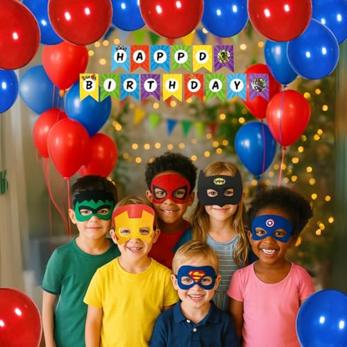 Image of Wanna Party Superhero Birthday Decoration Combo Pack for Boys - 27 Pcs Set with Happy Birthday Banner Balloons and Felt Eye Masks - Party Supplies for Kids Theme Celebration