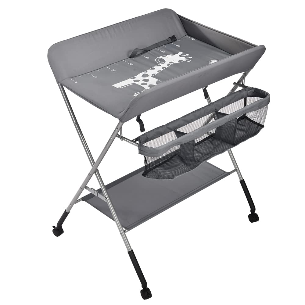 OHMG Baby Wickelkombi Klappbare Wickelkommode,Wickeltisch mit Rollen,Mobiler Wickeltisch mit Wickelauflage,Sicherheitsgurt und Ablagefächern,Wasserdicht und Höhenverstellbar,Stabil