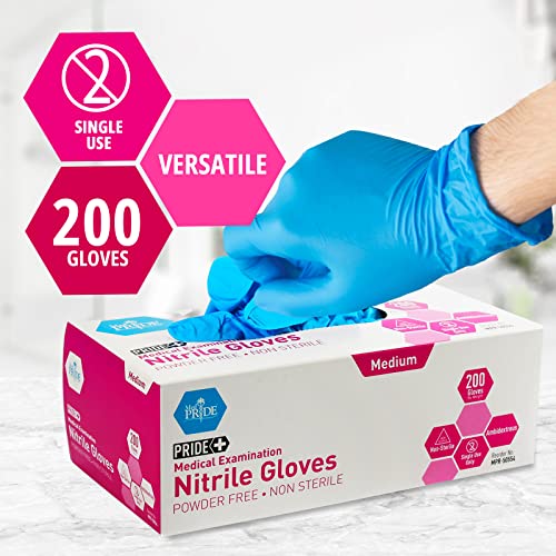 MED PRIDE Medical Examination Nitrile Gloves| Medium Box of 200| Blue, Latex/Powder-Free, Non-Sterile Exam Gloves| Professional Grade for Hospitals, Law Enforcement, Tattoo Artists, First Response