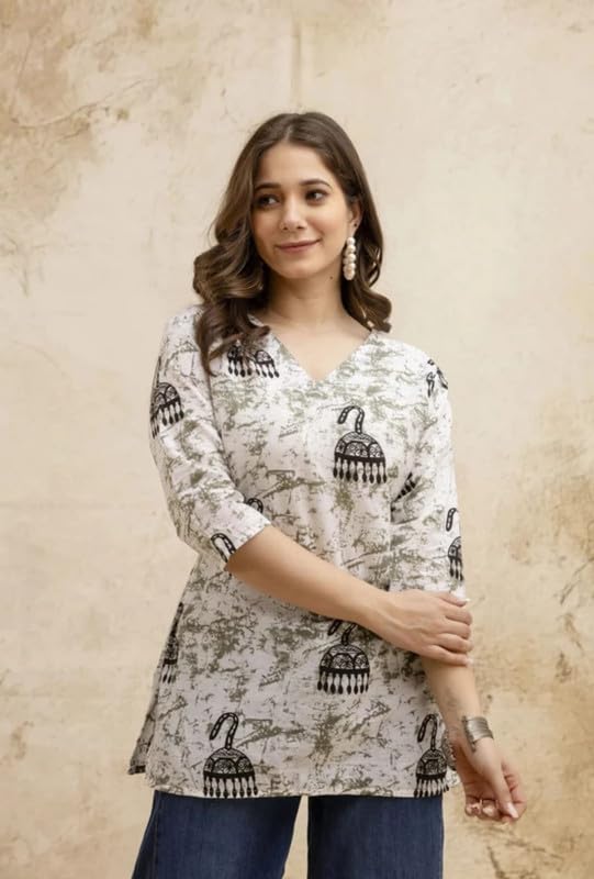 Image of Women's Ethnic Printed Rayon Short Kurta | Stylish Round Neck V-Slit Straight Kurti | Comfortable, Office & Casual Kurta for Jeans, Leggings & Trousers