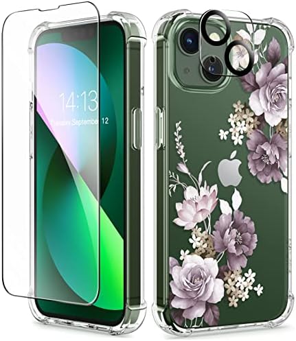 GVIEWIN Compatible with iPhone 13 Case 6.1 Inch 2021, with Tempered Glass Screen Protector + Camera Lens Protector, Flower Clear TPU Slim Bumper Shockproof Protective Soft Phone Cover, Magnolia/White
