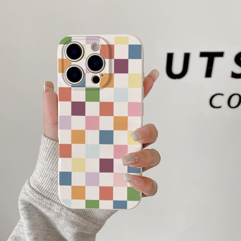 for iPhone 13 Pro Case Cute Checkerboard Checkered Pattern Trendy Slim Fit TPU Silicone Aesthetic for Women Girl Shockproof Full Camera Protection Cover - Colorful - Image 7