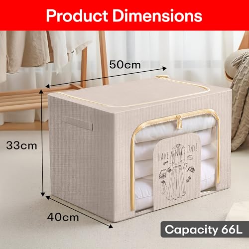 Image of Prime Pick Zip Guard Storage Box Foldable Clothes Organizer Double Zipper Lid Reinforced Handles Breathable Washable Fabric Wardrobe Closet Cupboard Space Saving Storage Bin Beige Pack of 1