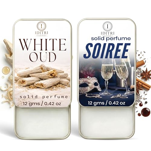 Image of IDITRI EXPORT Solid Perfume |Soiree&White Oud Alcohol Free Wax Perfume Balm, Long Lasting | Pocket Tin 12g, Pack Of 2| Non Greasy Smooth Glide, Travel Friendly Men And Women