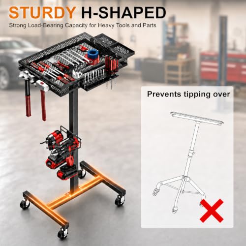 Image of Metal Rolling Tool Tray with Wheels, Mobile Mechanic Work Cart | Rolling Work Table with Side Tool Slots & Mesh Tray, Ideal for Garage & Workshop