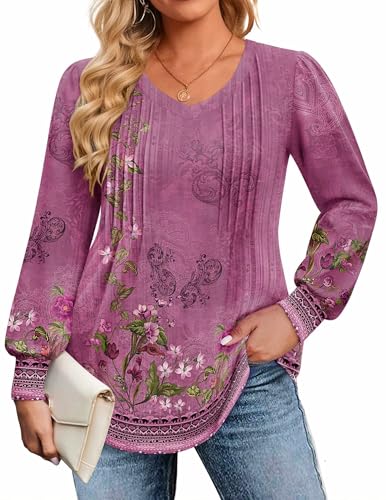 Image of IN'VOLAND Womens Plus Size Shirts V Neck Puff Long Sleeve Tops