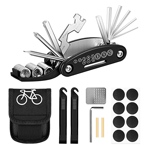 ORLEGOL Outil multifonction pour vélo 16 en 1 - Outil multifonction pour réparation de vélo - Kit d'outils de vélo avec démonte-pneus, rustines de vélo, etc Cover