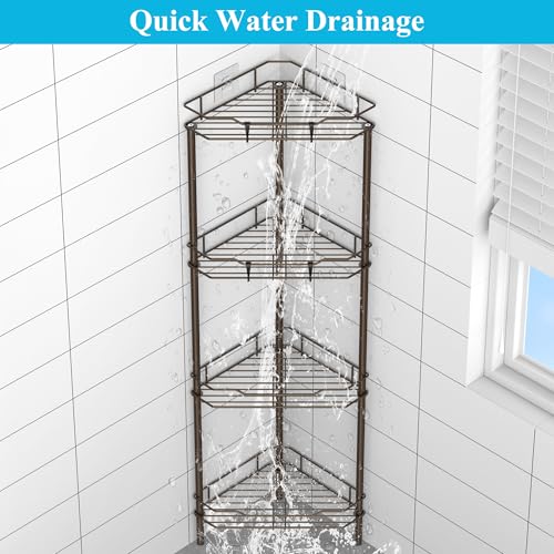 Image of HuggieGems 4 Tier Floor Standing Corner Shower Caddy Organizer Shelf with Hooks, Bathroom Shelves Stand Rack, Bronze