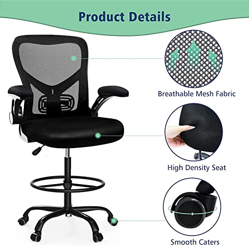 Image of dreamlify Drafting Chair,Tall Standing Desk Chair Comfortable Office Chair with Foot Ring Flip-up Padded Arms Height Adjustable Computer Task Chair Ergonomic Mesh Mid-Back Desk Chair,Black