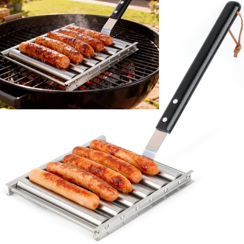GLENDAVENY Hot Dog Roller for Grill BBQ Sausage Roller with Extra Long Wood Handle Hotdog Roller Grills Evenly with No Charring 5 Capacity