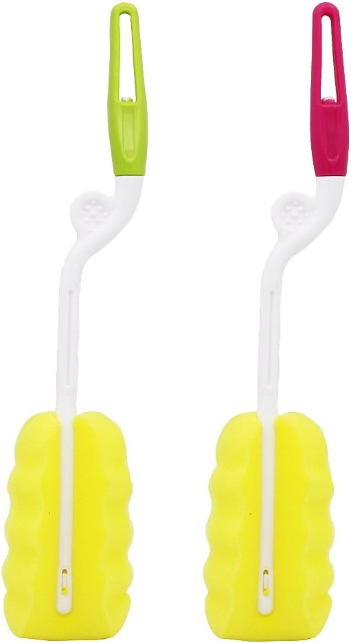 Bottle Cleaning Sponge Spinning Brush with 360 Degree Rotary Long Thick ABS Handdle Cleaner Soft for Baby Bottle, Kitchen Clean, Glasses, Mugs Cup (2, Green & Red)