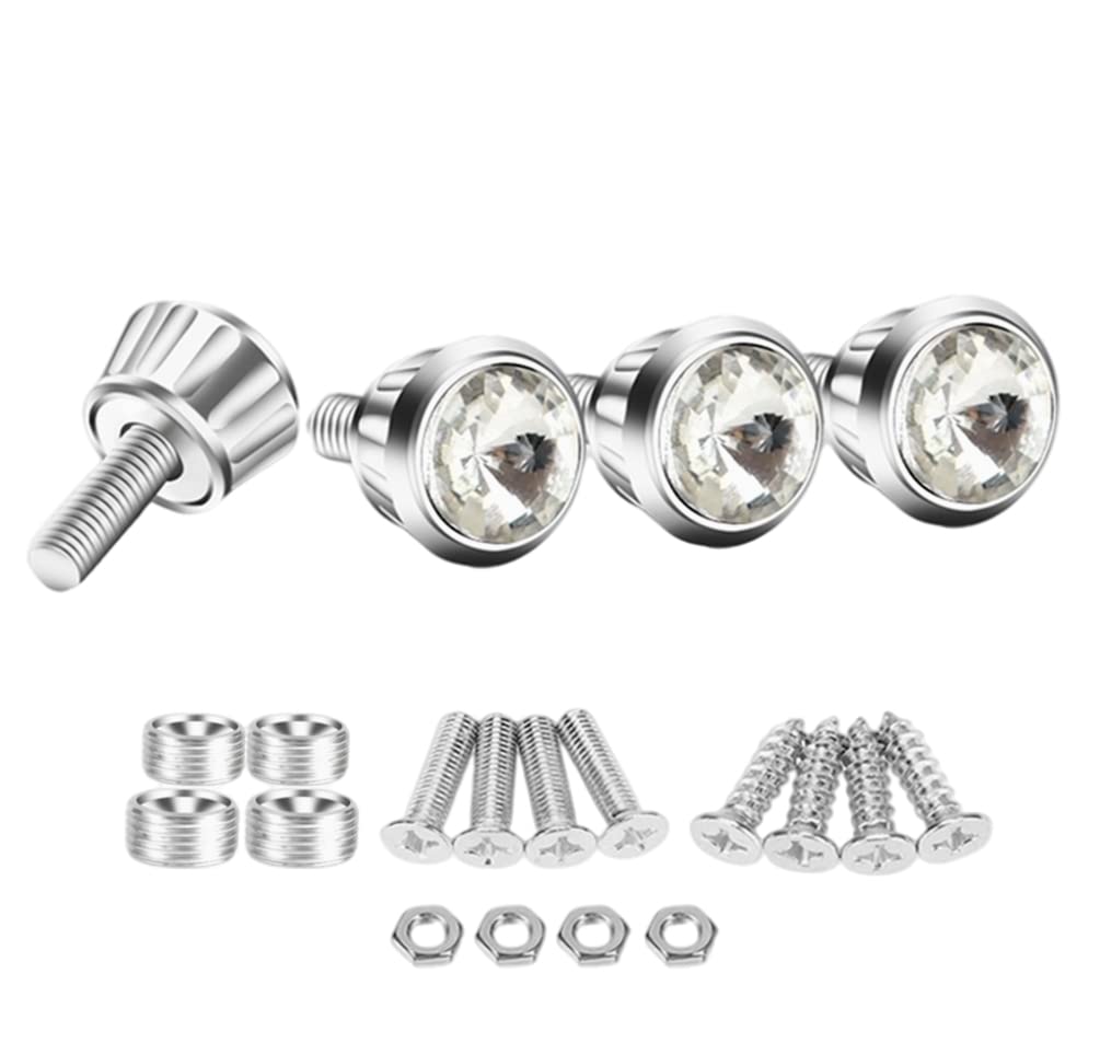 woonoon Diamond License Plate Fasteners Frame Screws Bolts Aluminum Alloy Car Sedan Motorbike Bling Decoration Cap Fastener (Silver, 4Pcs)