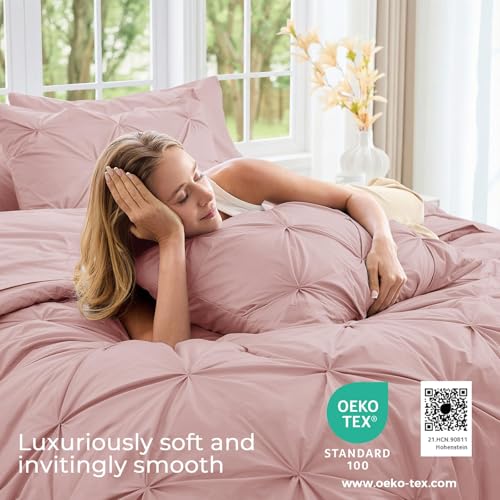 Image of Sasttie King Size Comforter Set, 7-Piece Bed in a Bag, Pintuck Bedding Set for All Season, Includes Comforter, Flat Sheet, Fitted Sheet, Pillowcases and Pillowshams, Rose Gold