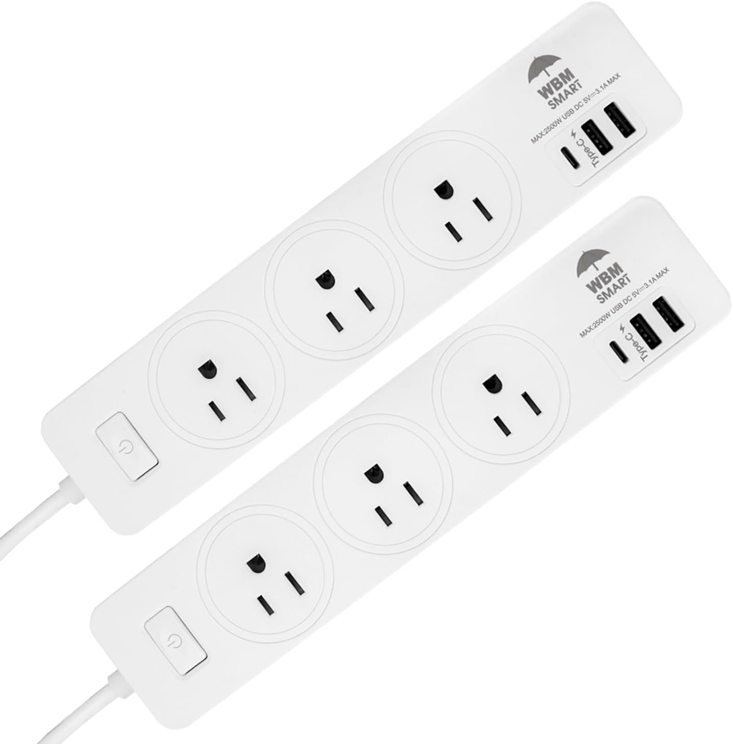 WBM Smart Power Strip 5.9 ft 10 A – Extention Cord Socket, Pack of 2 with 2 USB Ports and 1 Type C Plug, Multi Outlet Extender for Home, Office and Dorm Room