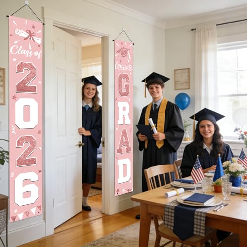 Image of Graduation Decorations 2026, Pink Rose Gold Door Porch Signs, Graduation Banner Class of 2026, Congrats Grad Banner for Door and Porch Graduation Party Supplies