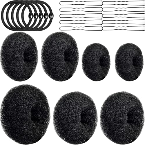 Hair Bun Maker 32 Pieces Set,Donut hair Bun Shaper With 7pcs Dark Brown (1extra-large, 2 large, 2 medium and 2 small), 5 pieces Hair Elastic Bands, 20 pieces Hair Pins (Black)