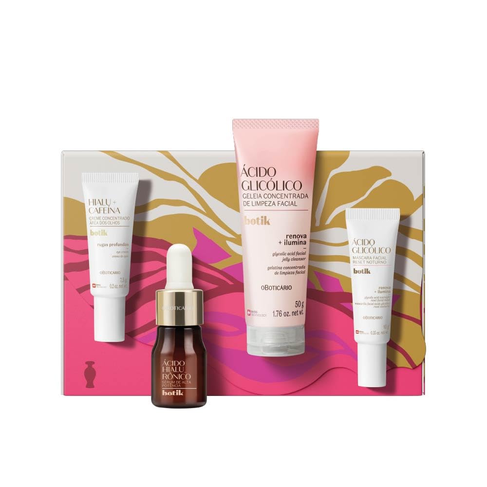 O Boticário Botik Gesichtspflege-Routine mit Hyaluronsäure und Glykolsäure, weich und beleuchtet, erneuerte Haut, 4 Produkte in Reisegröße, 77,5 g