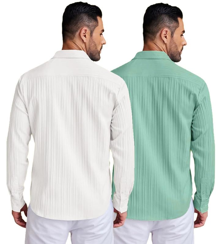 Image of DEELMO Combo of Men's Casual Button Down Shirts Long Sleeve Linen Shirt Fashion Textured Summer Shirts Pack of 2